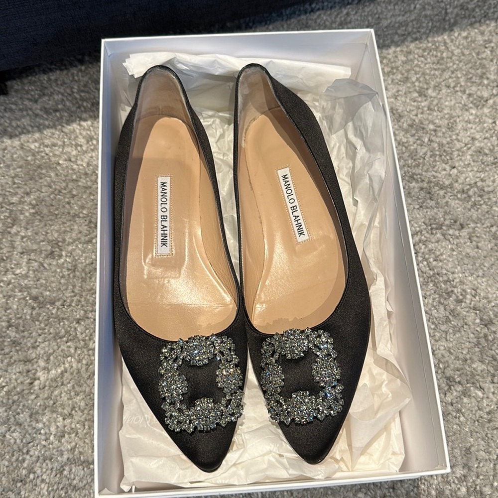 Manolo Blahnic black satin flats